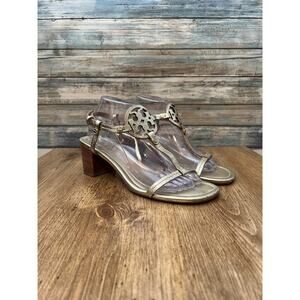 Tory Burch Gold Flake Leather Miller Block Heel Sandals